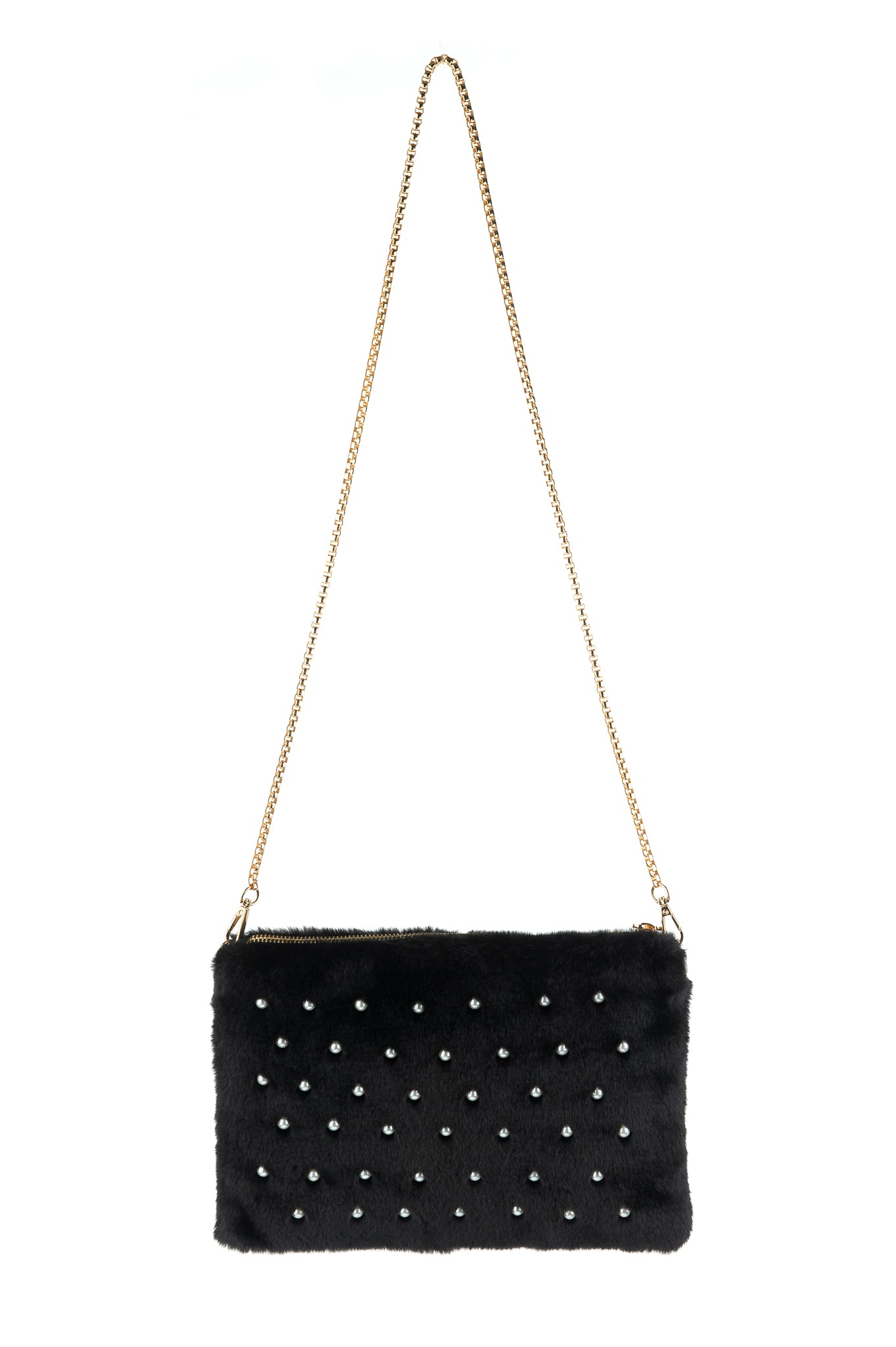 Eugenia FB25 Faux Fur Clutch Bag with Metal Strap and Pearl Detail Black