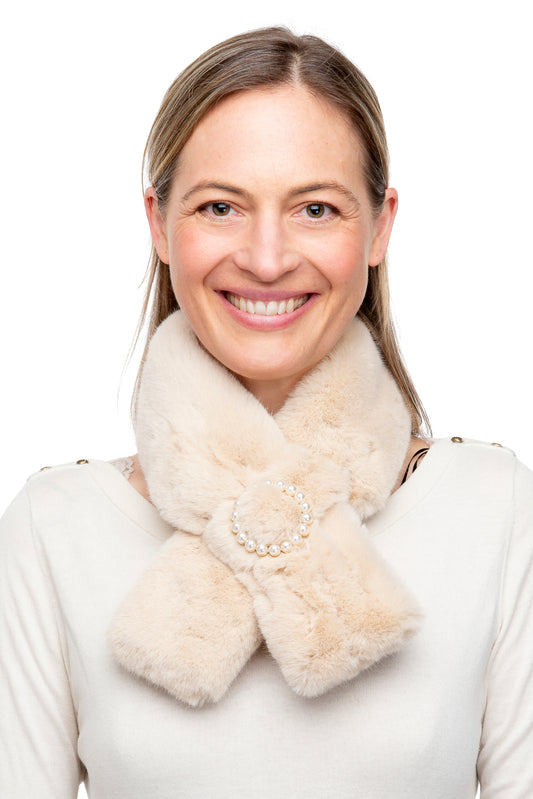 Constanza FB42 Beige Faux Fur Tippet With Round Pearl Detail