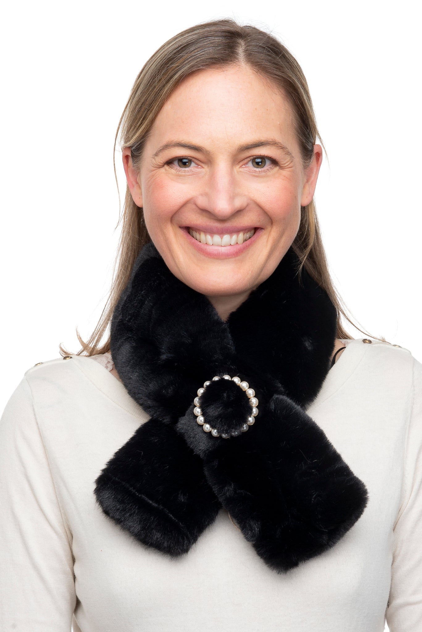 Constanza FB42 Black Faux Fur Tippet With Round Pearl Detail