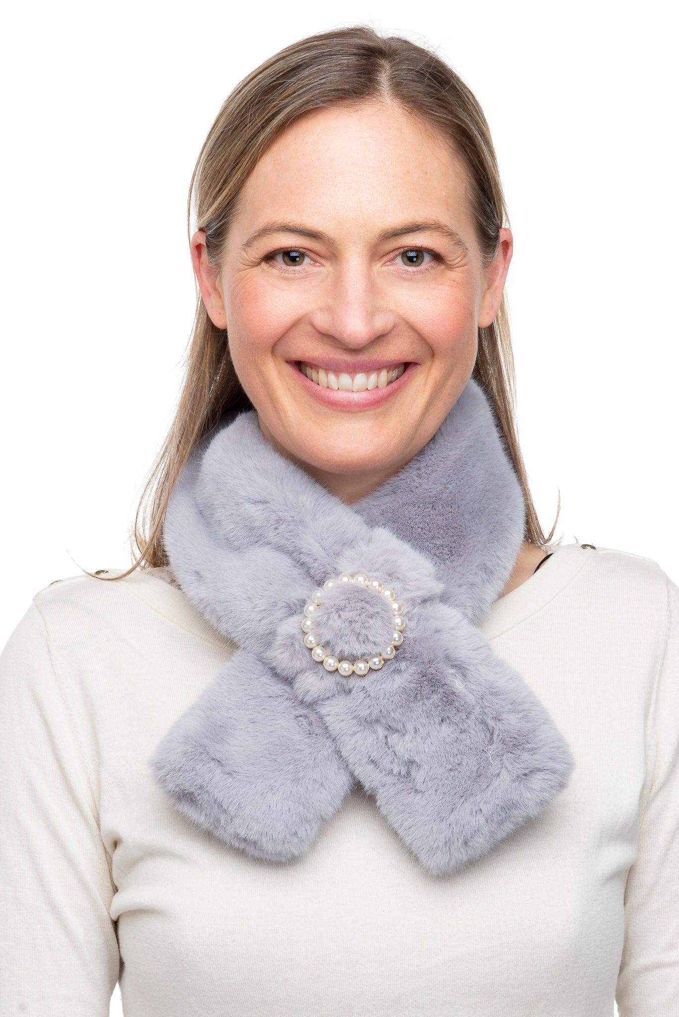 Constanza FB42 Grey Faux Fur Tippet With Round Pearl Detail