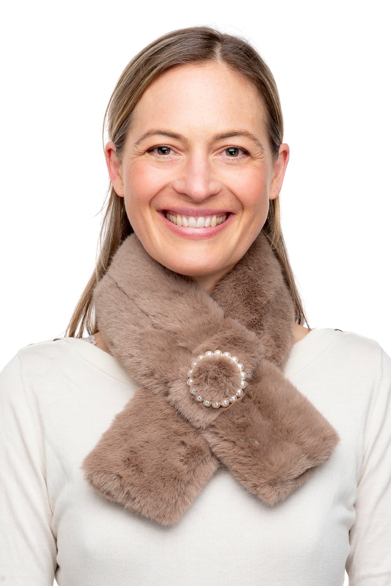 Constanza FB42 Mocha Faux Fur Tippet With Round Pearl Detail