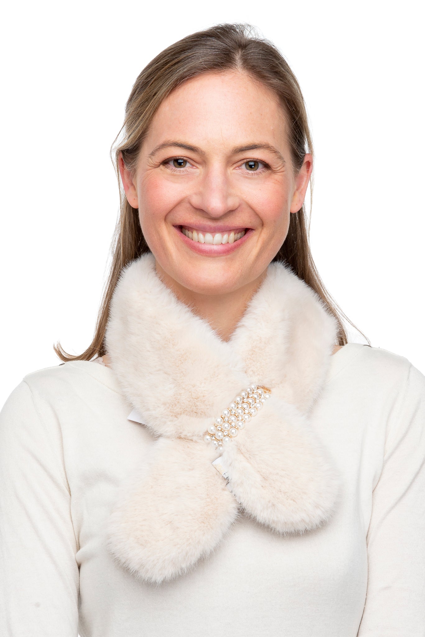 Fabiana FB43 Beige Faux Fur Tippet With Row Pearl Detail