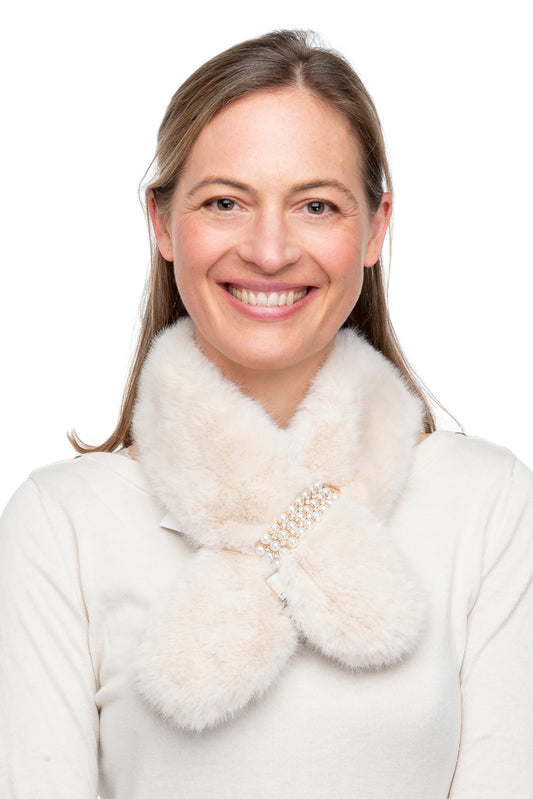 Fabiana FB43 Beige Faux Fur Tippet With Row Pearl Detail