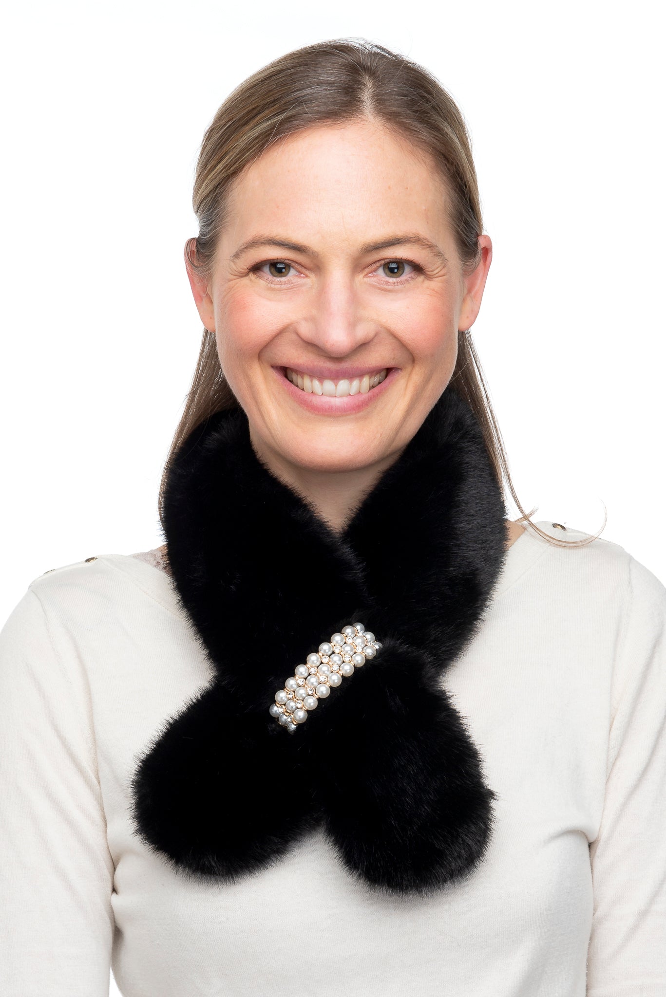 Fabiana FB43 Black Faux Fur Tippet With Row Pearl Detail