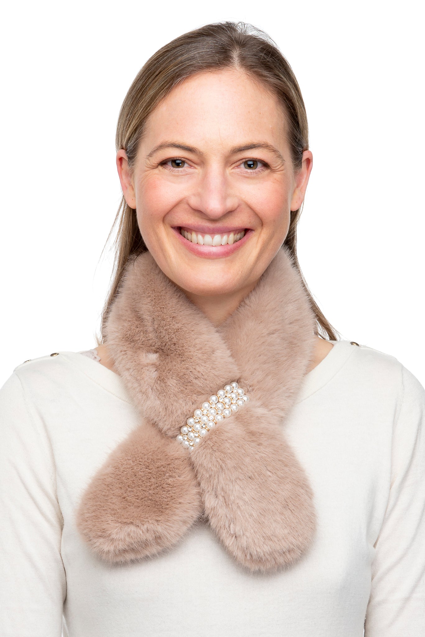 Fabiana FB43 Mocha Faux Fur Tippet With Row Pearl Detail