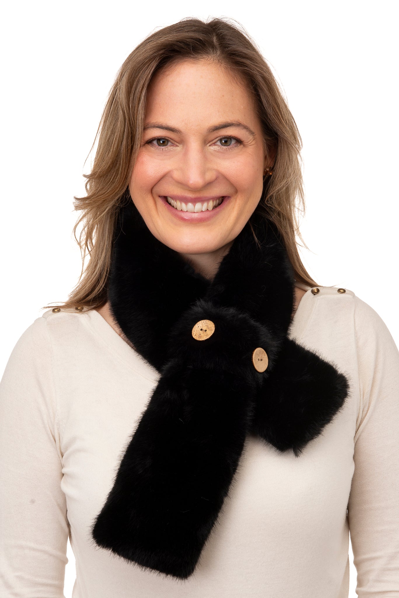 Karina FB48-Black Faux fur tippett with loop and coconut button detail