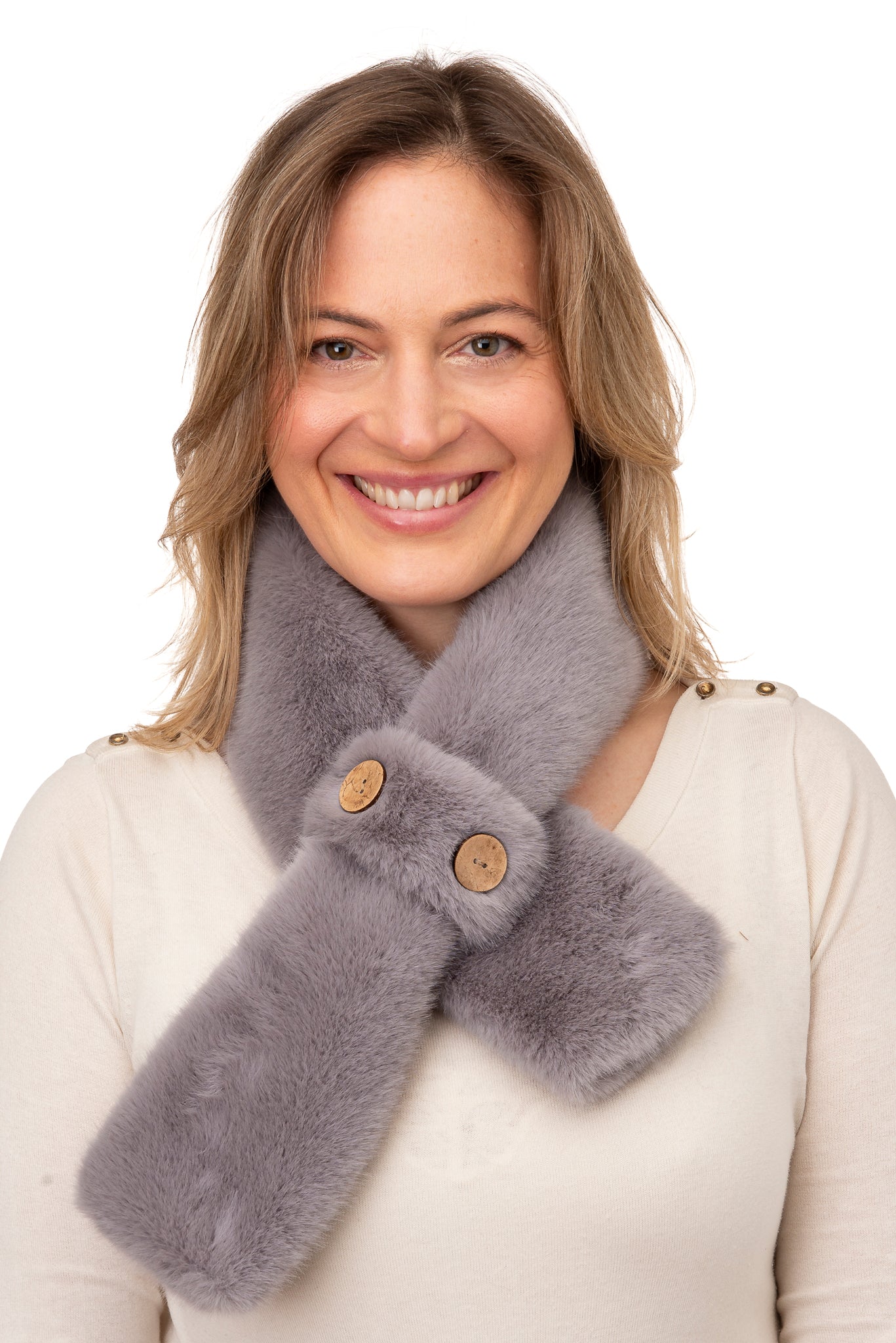 Karina FB48-Grey Faux fur tippett with loop and coconut button detail