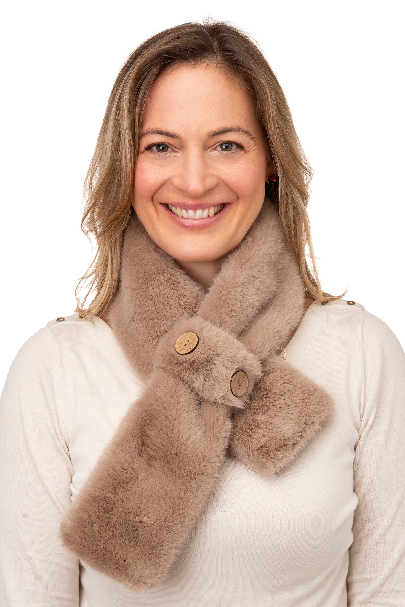 Karina FB48-Mocha Faux fur tippett with loop and coconut button detail