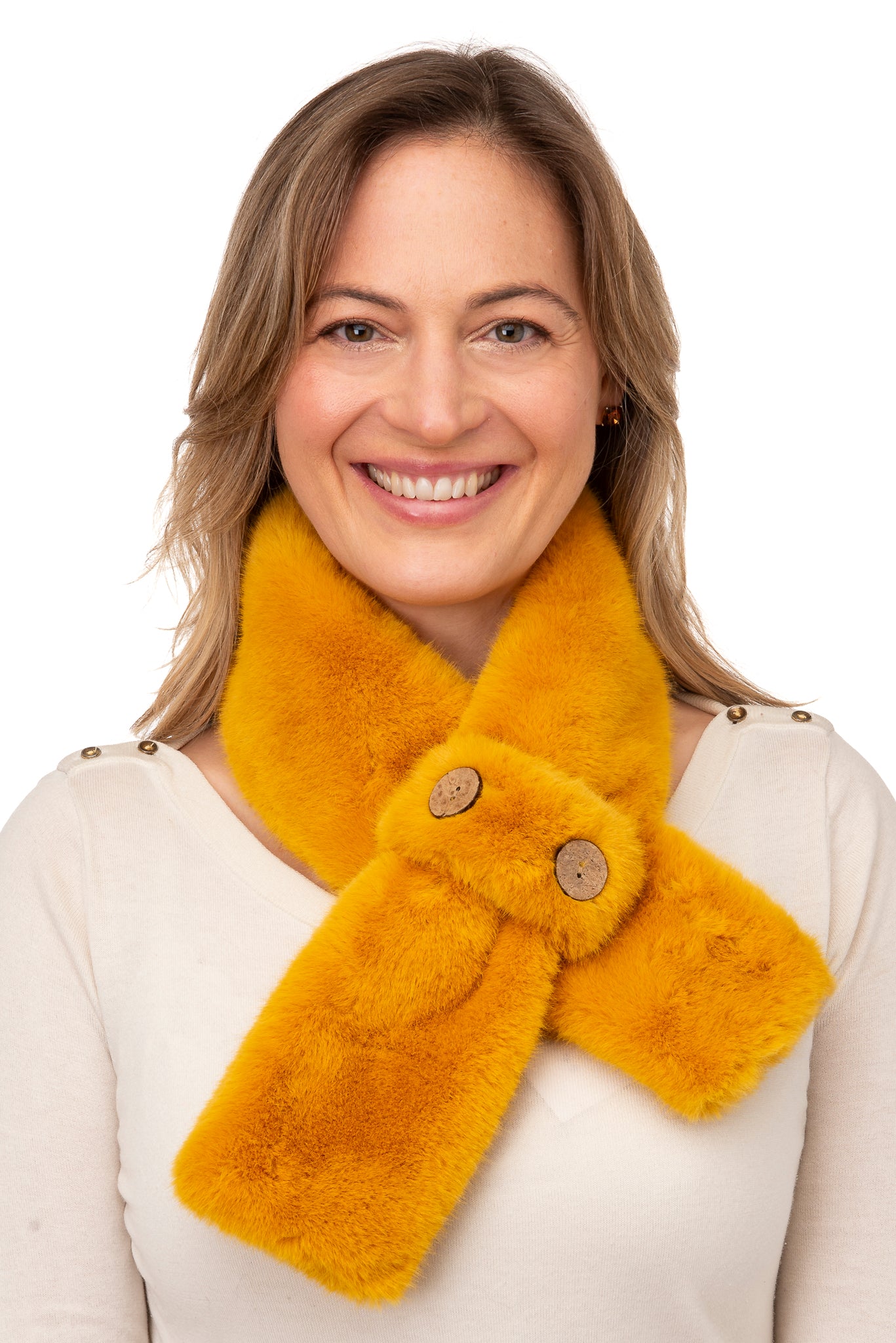 Karina FB48-Mustard Faux fur tippett with loop and coconut button detail