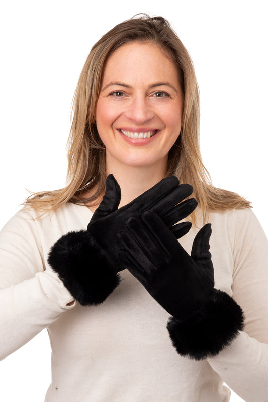 Mattea FB64 Velvet Glove Black ith Faux Fur Cuff and Screen Touch