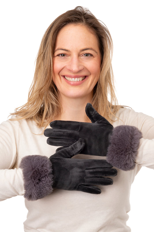 Mattea FB64 Velvet Glove Grey With Faux Fur Cuff and Screen Touch