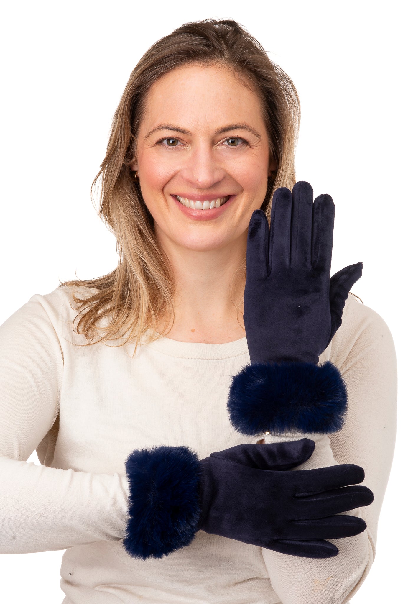 Mattea FB64 Velvet Glove Navy ith Faux Fur Cuff and Screen Touch