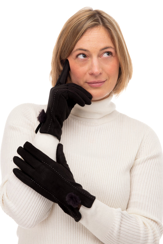 Phebe FB71 Suedette Glove -Black With Screen Touch & Faux Fur Pom Pom