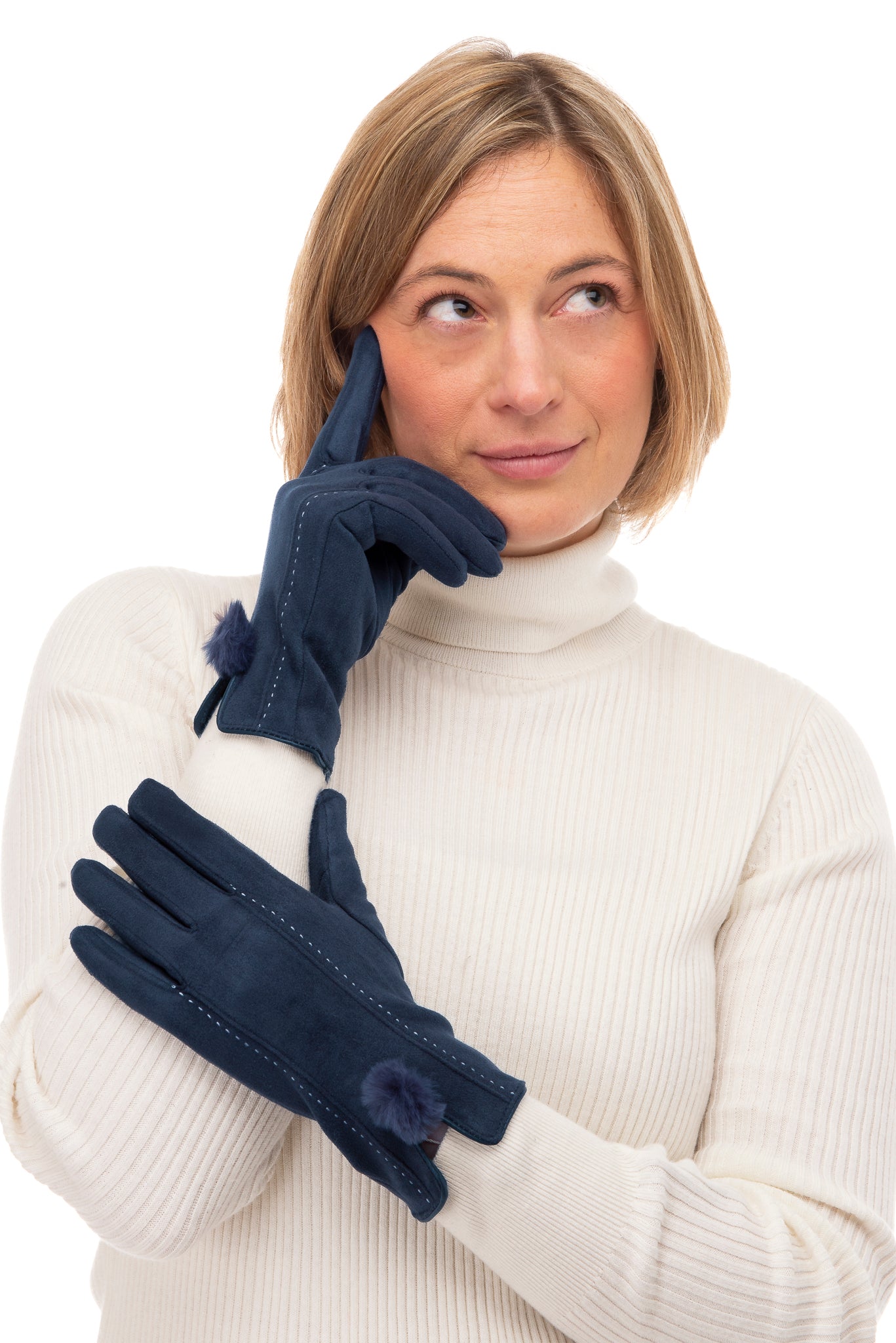 Phebe FB71 Suedette Glove -Navy With Screen Touch & Faux Fur Pom Pom