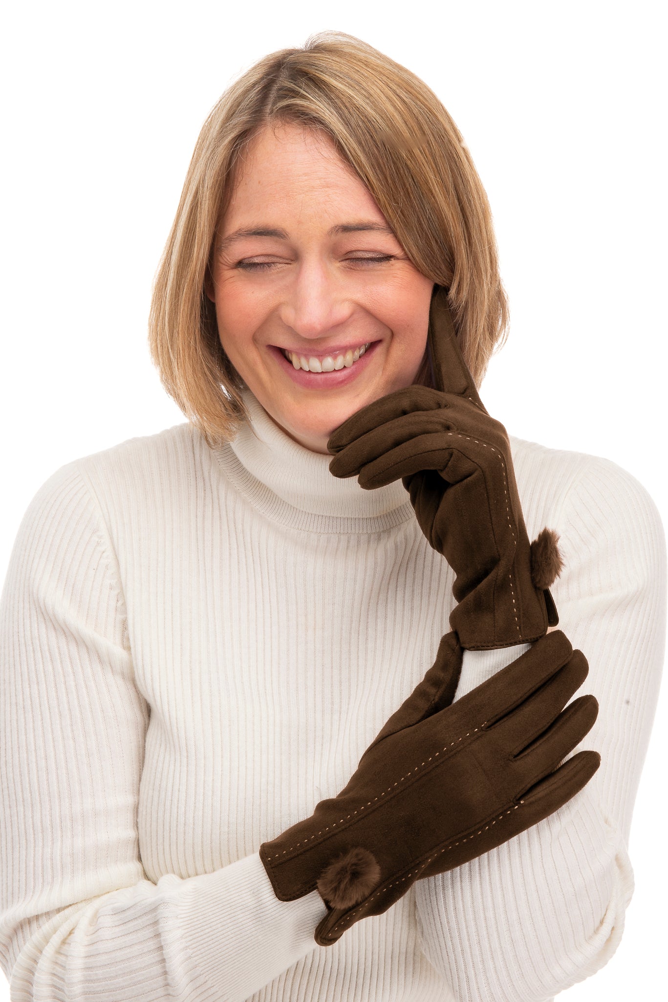 Phebe FB71  Suedette Glove -Dark Brown With Screen Touch & Faux Fur Pom Pom