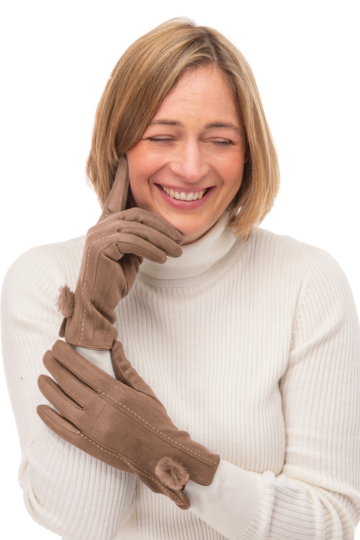 Phebe FB71 Suedette Glove -Mocha With Screen Touch & Faux Fur Pom Pom