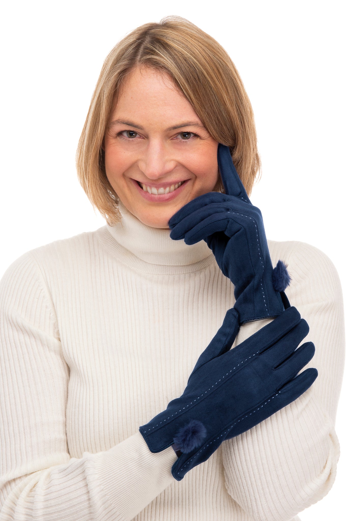 Phebe FB71 Suedette Glove -Navy With Screen Touch & Faux Fur Pom Pom