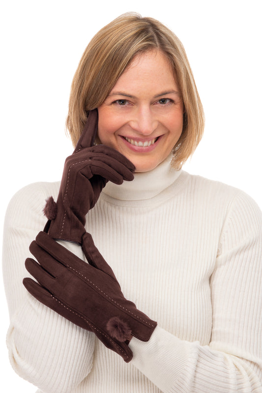 Phebe FB71  Suedette Glove -Dark Brown With Screen Touch & Faux Fur Pom Pom