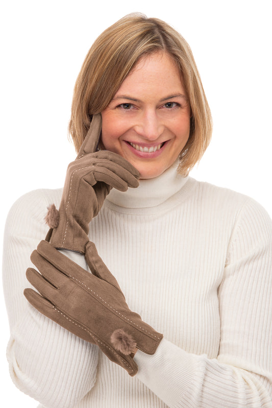 Phebe FB71 Suedette Glove -Mocha With Screen Touch & Faux Fur Pom Pom