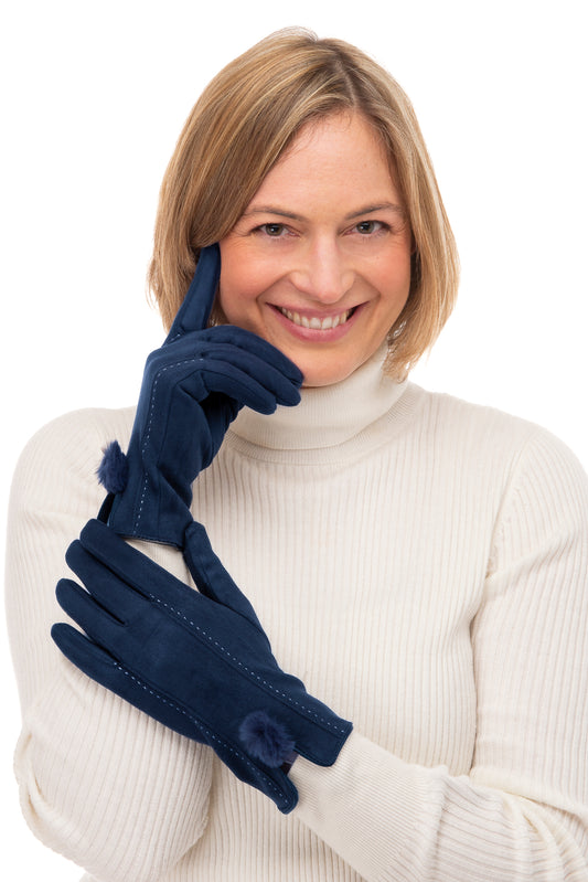 Phebe FB71 Suedette Glove -Navy With Screen Touch & Faux Fur Pom Pom