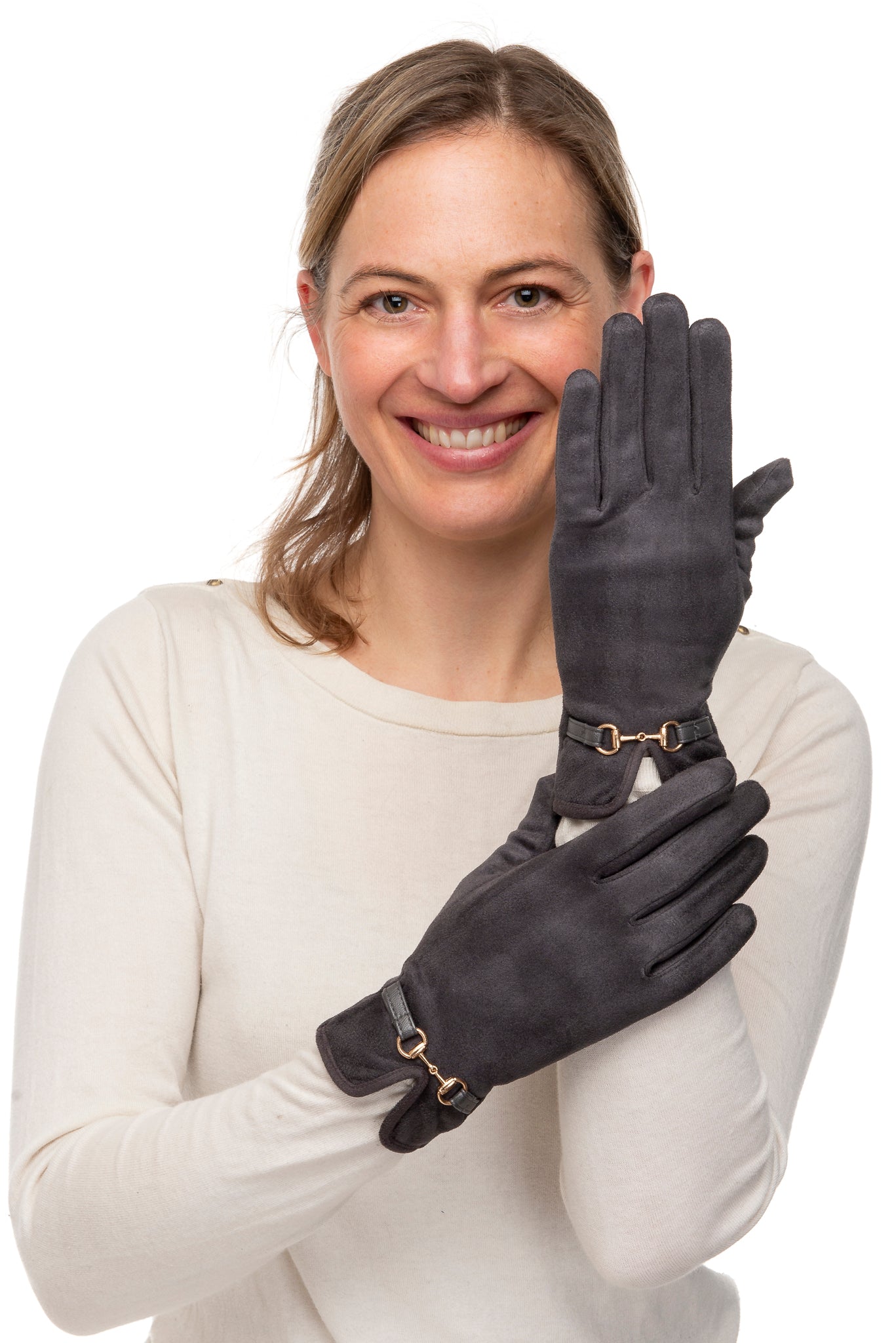 Bellina FB74 Suedette Glove With Gold Snaffle and Screen Touch Grey