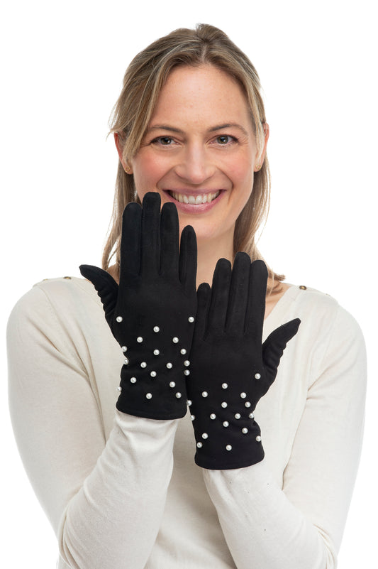 Perlina FB76 Suedette Glove With Multi Pearl Detail and Screen Touch Black