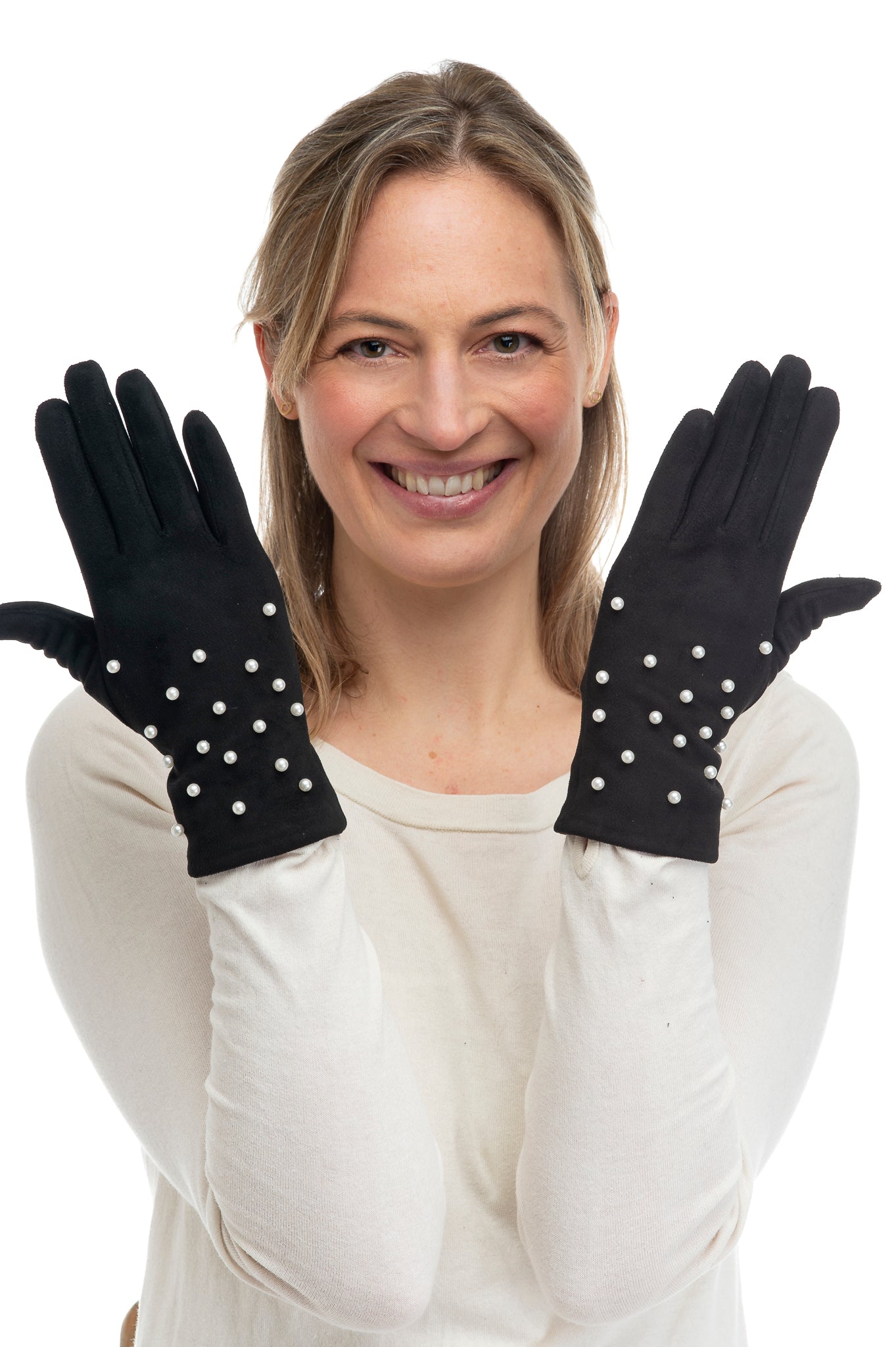 Perlina FB76 Suedette Glove With Multi Pearl Detail and Screen Touch Black