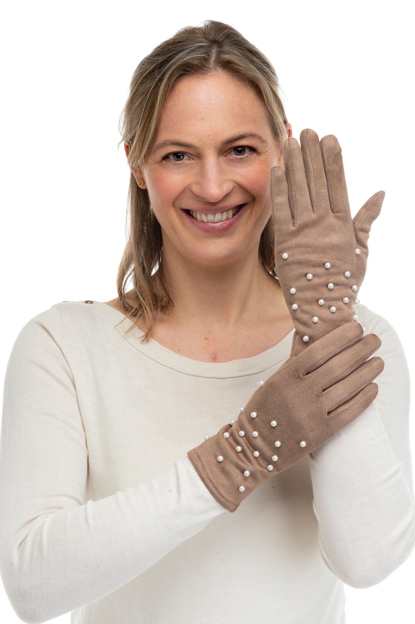 Perlina FB76 Suedette Glove With Multi Pearl Detail and Screen Touch Mocha