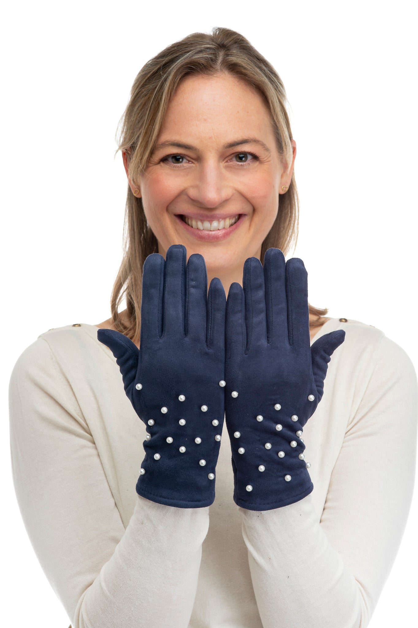 Perlina FB76 Suedette Glove With Multi Pearl Detail and Screen Touch Navy