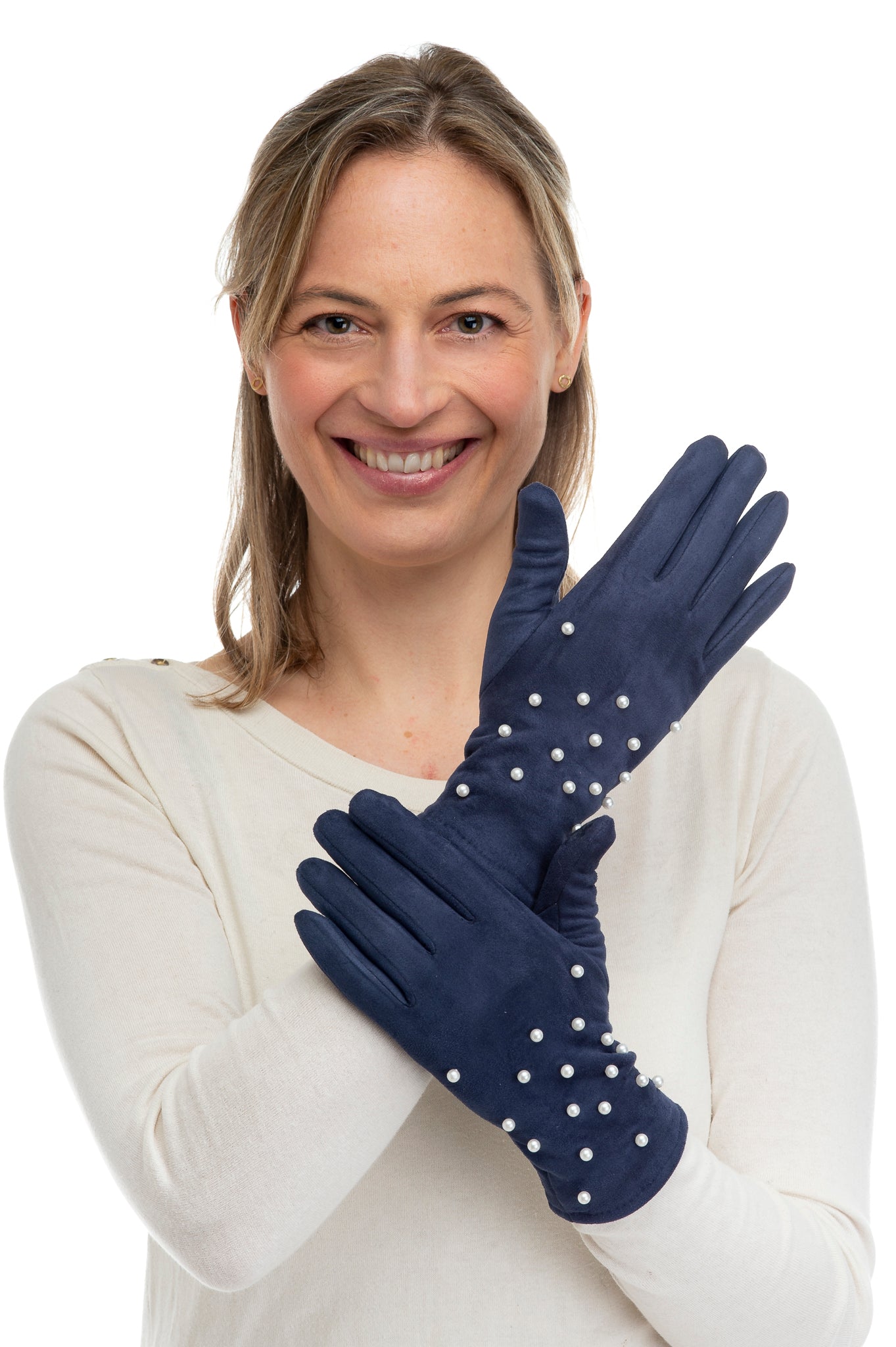 Perlina FB76 Suedette Glove With Multi Pearl Detail and Screen Touch Navy