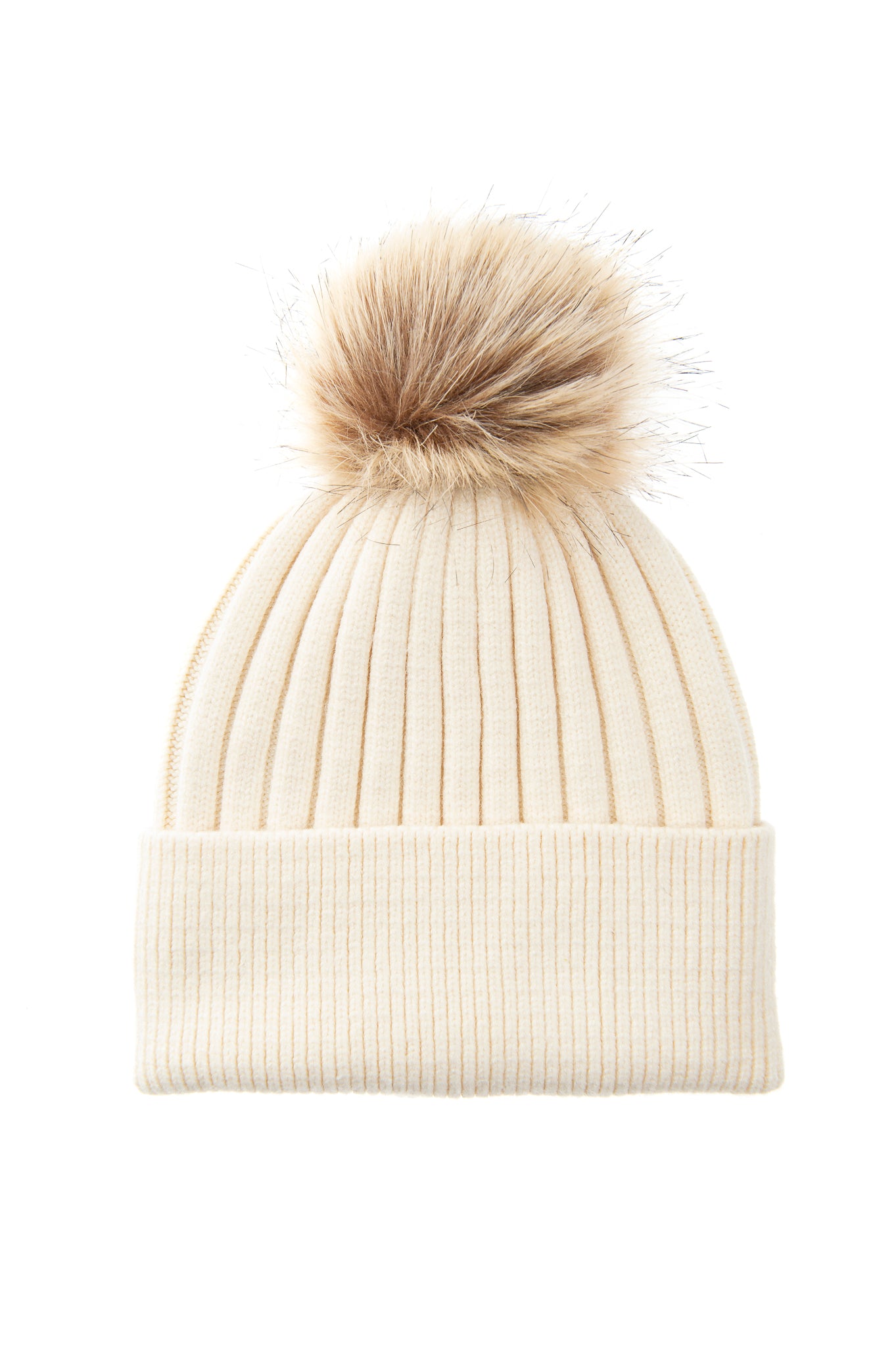 Abriana FB82 Beige Chunky Ribbed Beanie With Natural Brown Faux Fur Pom Pom