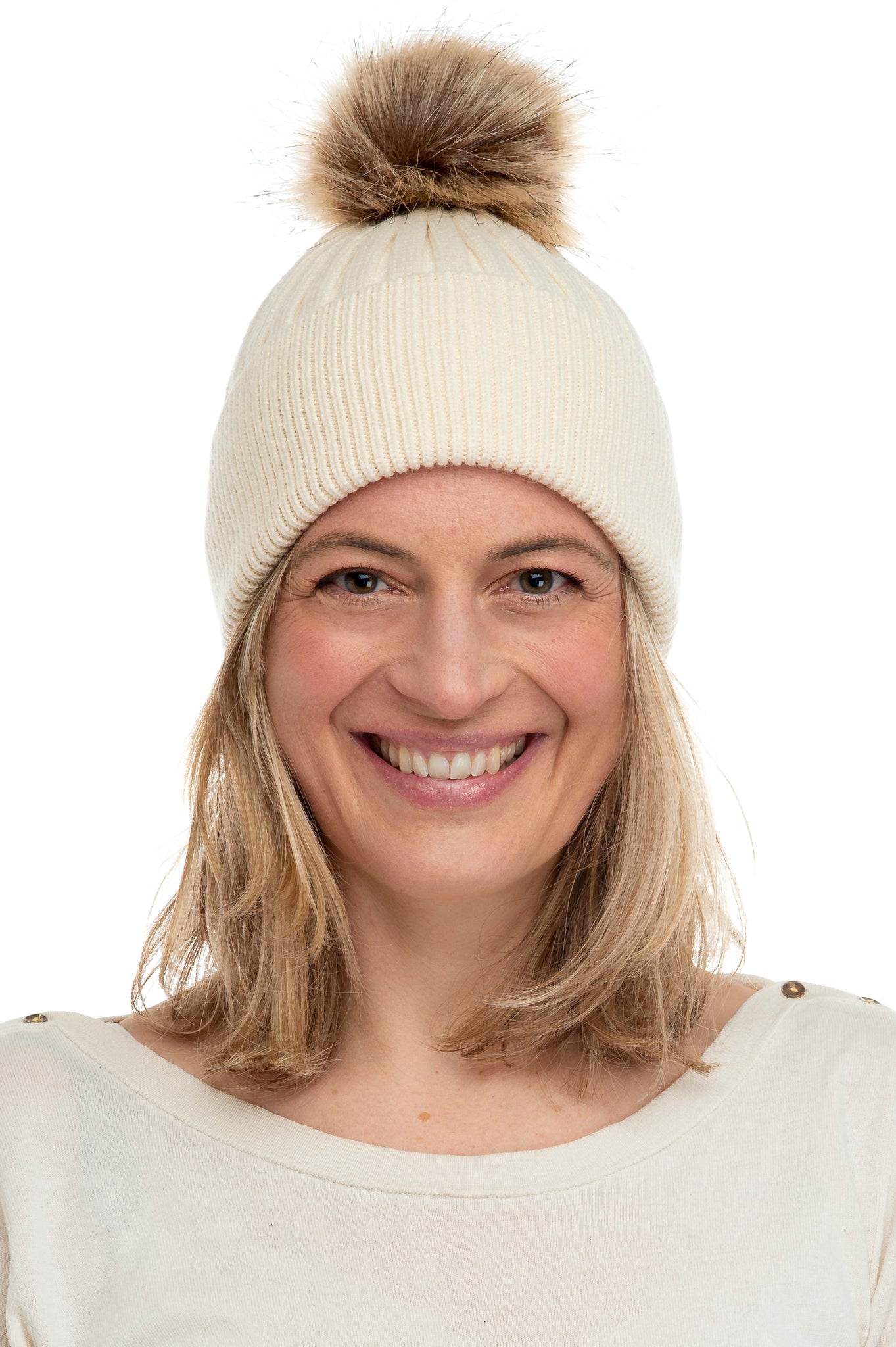 Abriana FB82 Beige Chunky Ribbed Beanie With Natural Brown Faux Fur Pom Pom