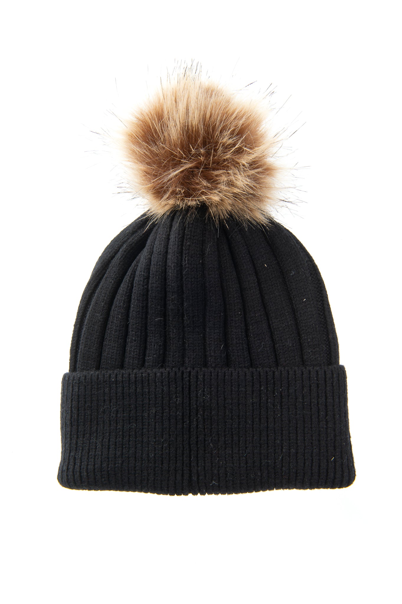 Abriana FB82 Black Chunky Ribbed Beanie With Natural Brown Faux Fur  Pom Pom