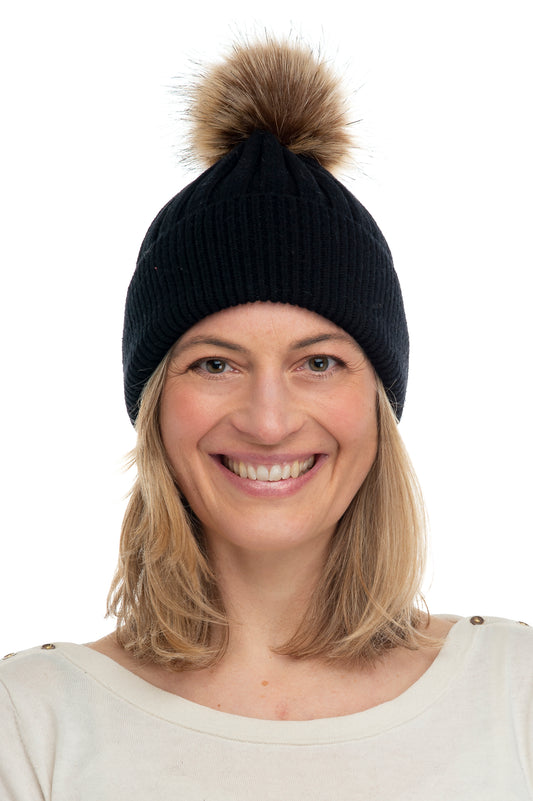 Abriana FB82 Black Chunky Ribbed Beanie With Natural Brown Faux Fur  Pom Pom