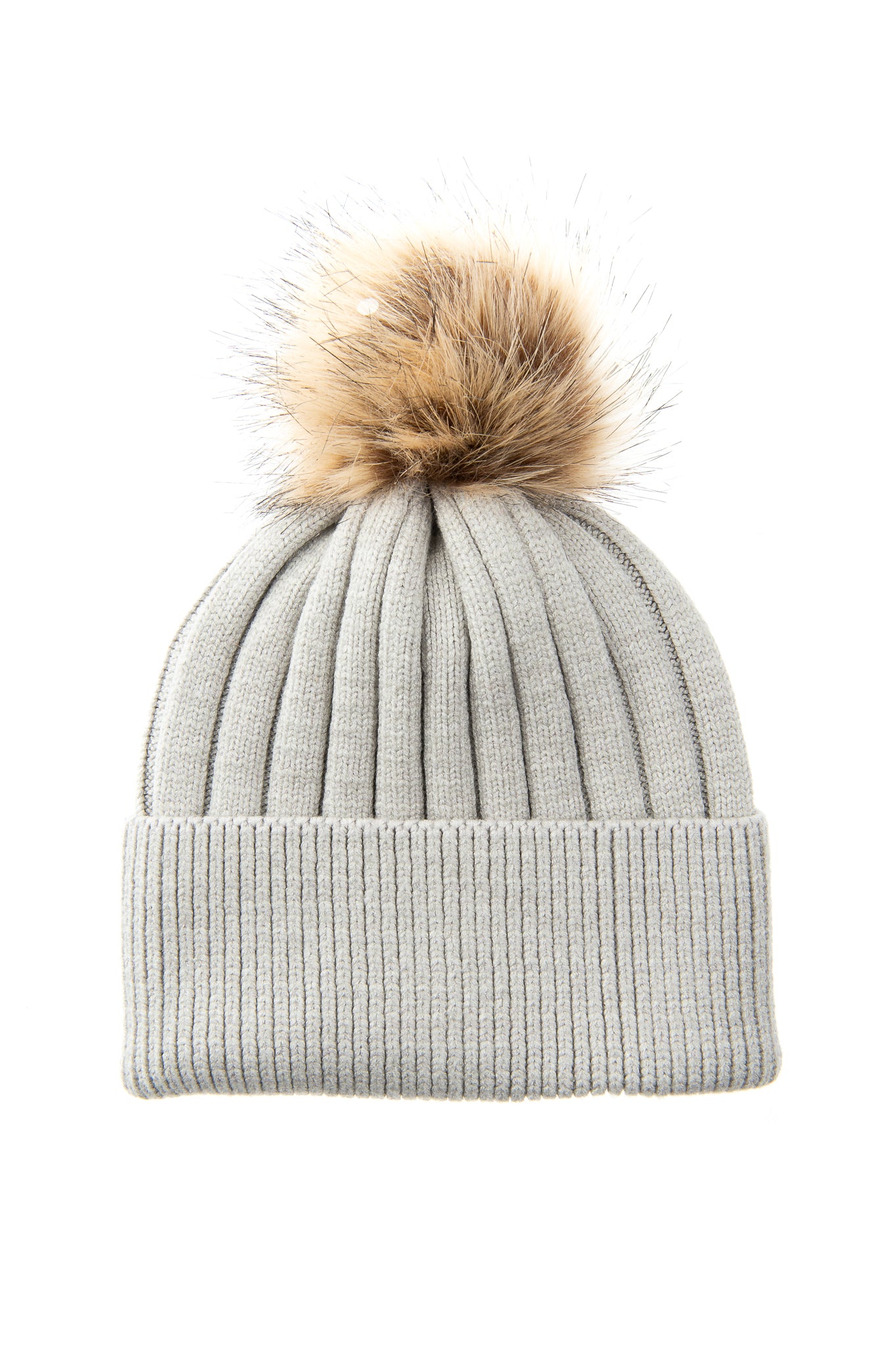 Abriana FB82 Light Grey Chunky Ribbed Beanie With Natural Brown Faux Fur  Pom Pom