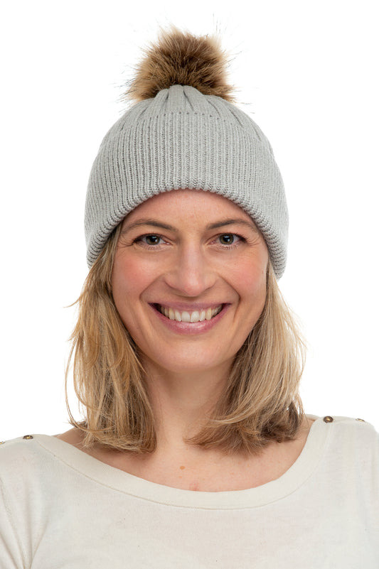 Abriana FB82 Light Grey Chunky Ribbed Beanie With Natural Brown Faux Fur  Pom Pom