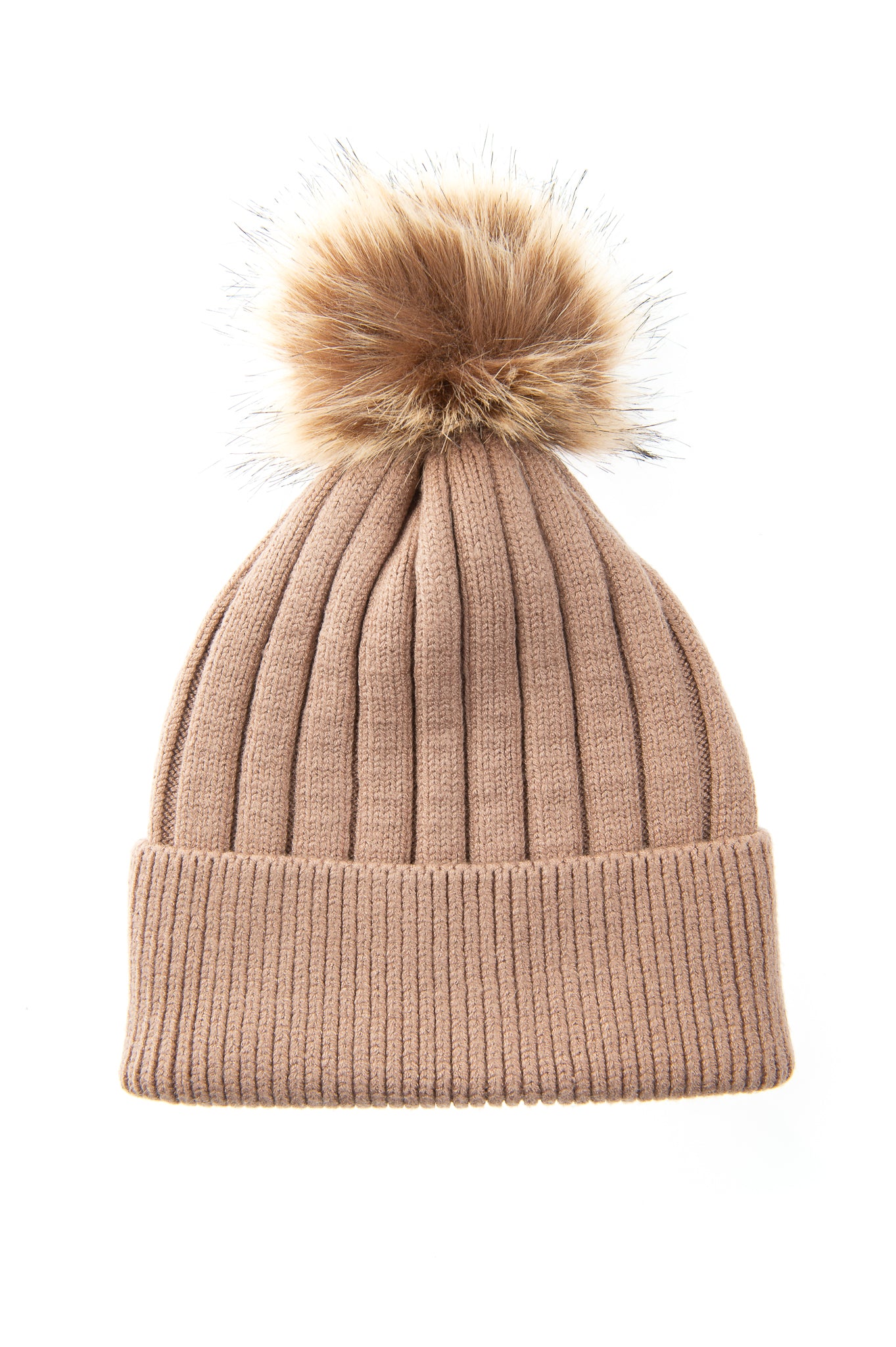 Abriana FB82 Mocha Chunky Ribbed Beanie With Natural Brown Faux Fur Pom Pom