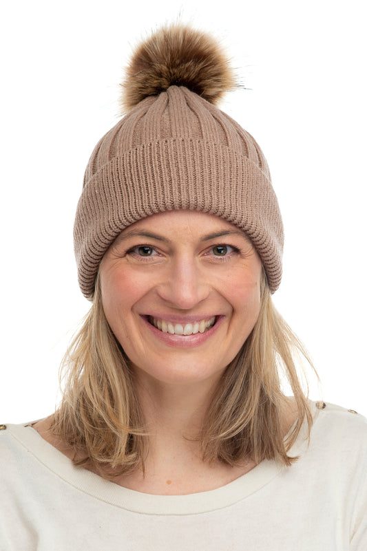 Abriana FB82 Mocha Chunky Ribbed Beanie With Natural Brown Faux Fur Pom Pom