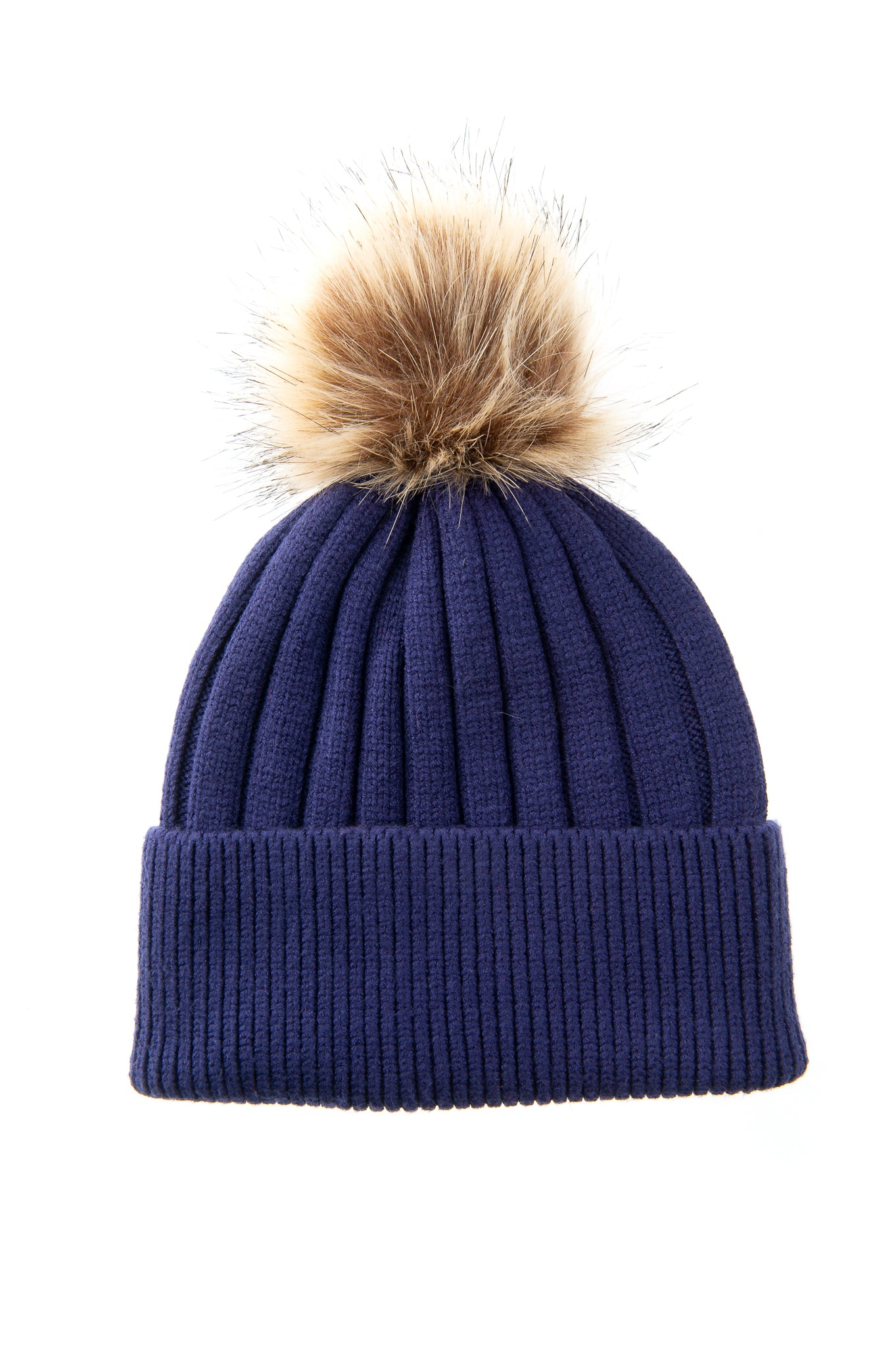 Abriana FB82 Navy Chunky Ribbed Beanie With Natural Brown Faux Fur Pom Pom