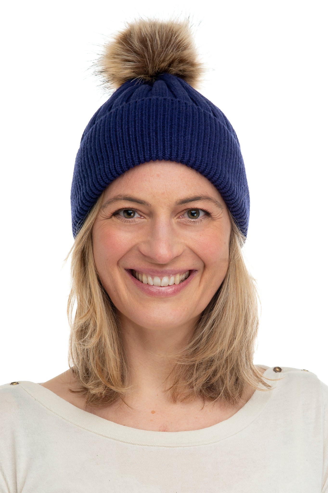 Abriana FB82 Navy Chunky Ribbed Beanie With Natural Brown Faux Fur Pom Pom