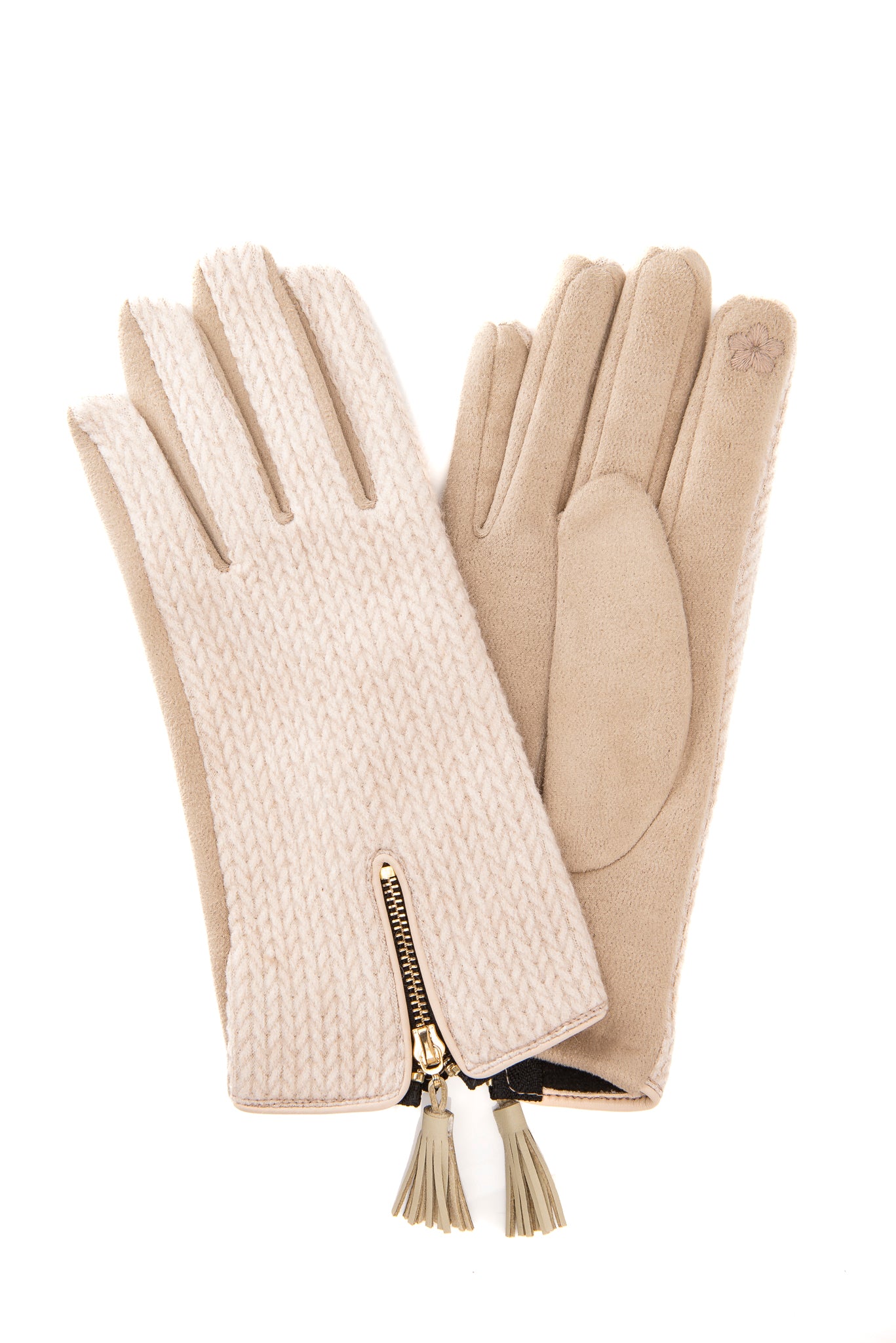 Amadea FB86 Beige Suedette gloves with herringbone fabric and tassel detail with Screen Touch