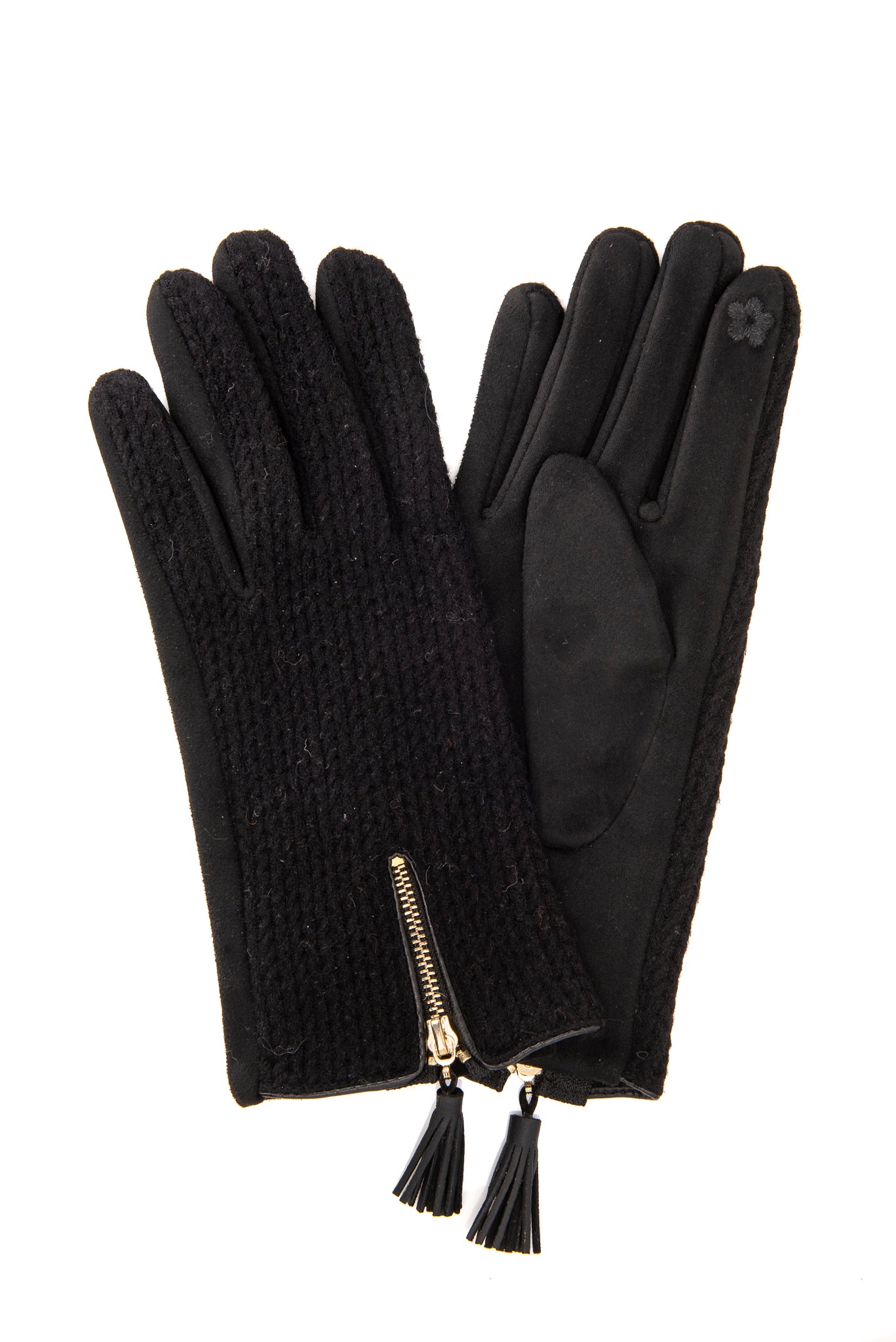 Amadea FB86 Black Suedette gloves with herringbone fabric and tassel detail with Screen Touch