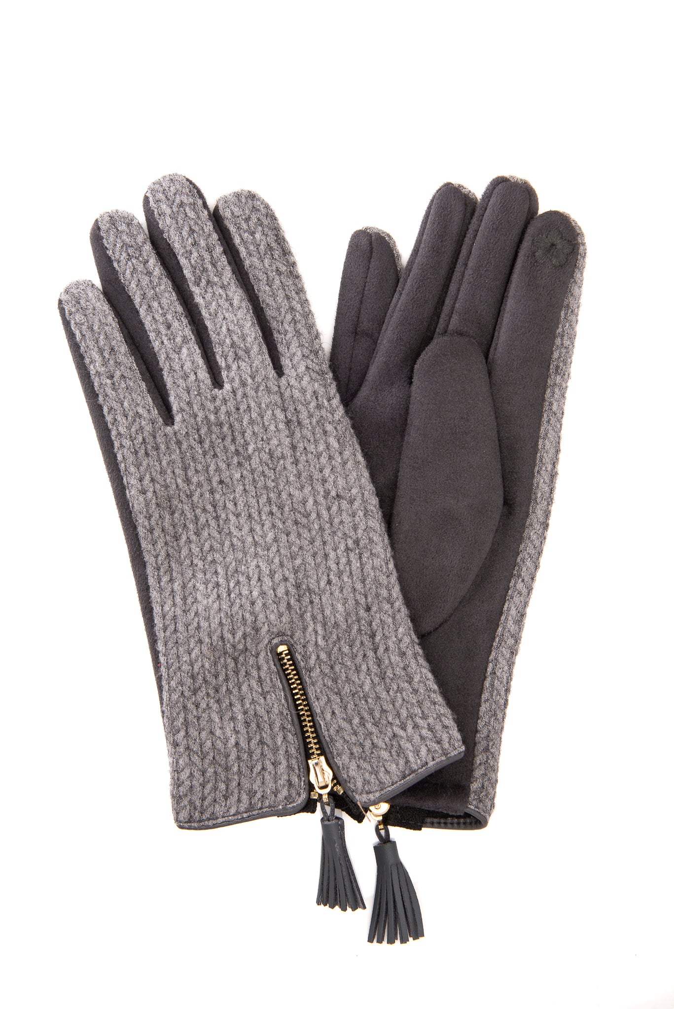 Amadea FB86 Grey Suedette gloves with herringbone fabric and tassel detail with Screen Touch