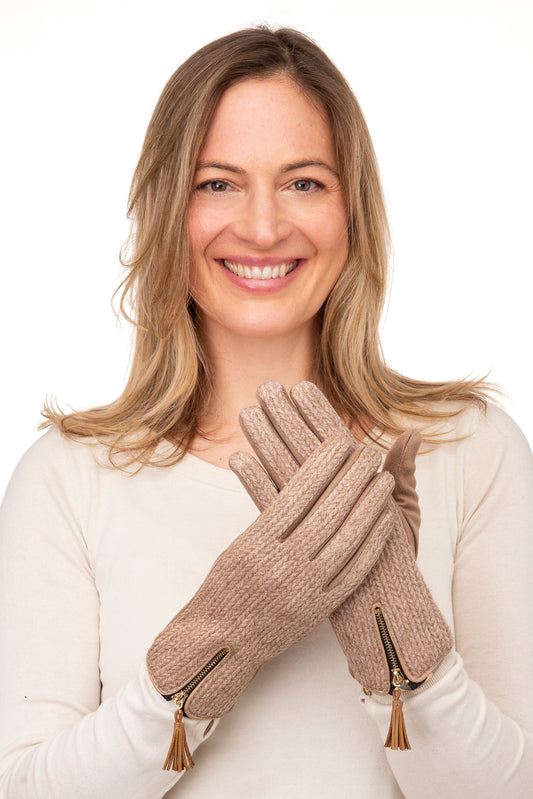 Amadea FB86 Mocha Suedette gloves with herringbone fabric and tassel detail with Screen Touch