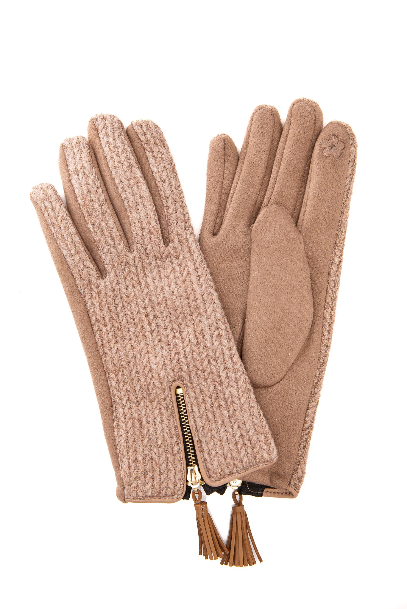 Amadea FB86 Mocha Suedette gloves with herringbone fabric and tassel detail with Screen Touch