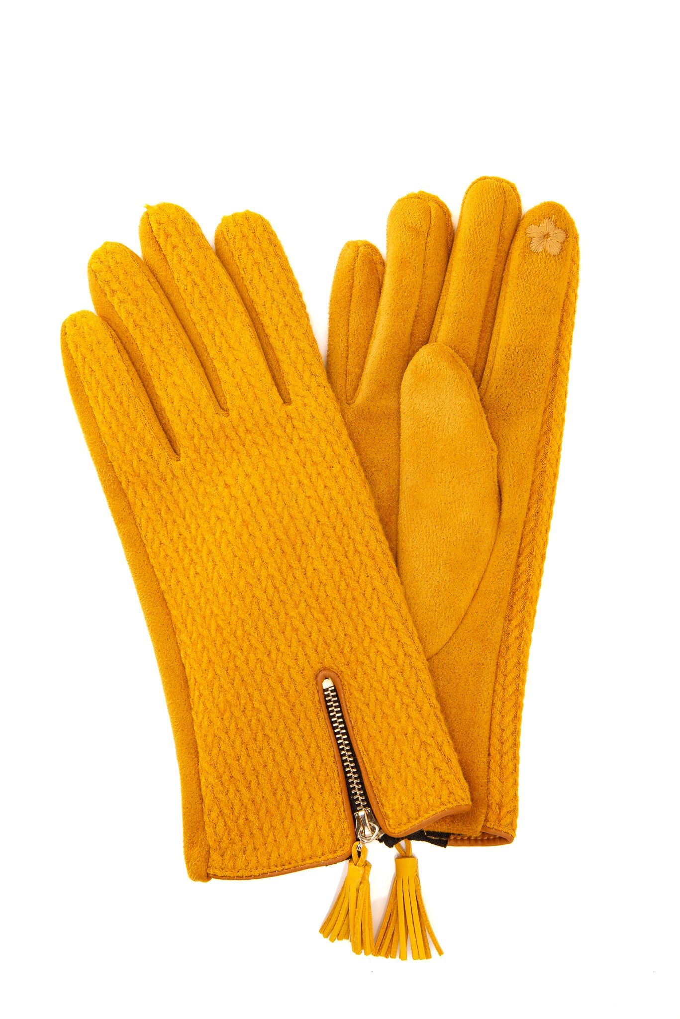 Amadea FB86 Mustard Suedette gloves with herringbone fabric and tassel detail with Screen Touch