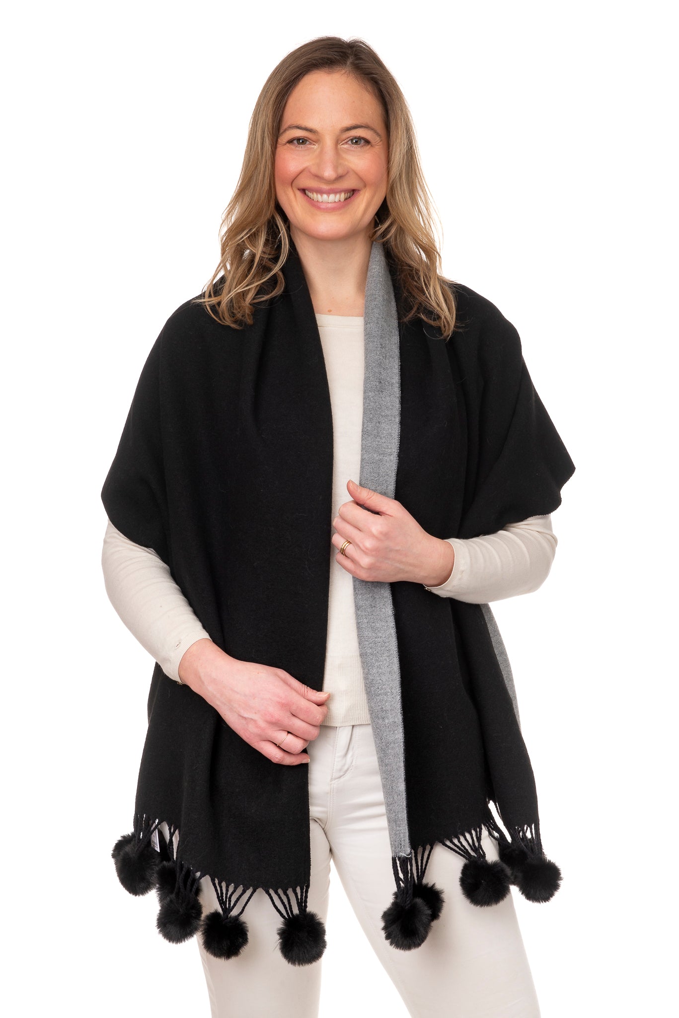 Anna FB95 Two Tone Shawl With Faux Fur Pom Pom Black/Grey