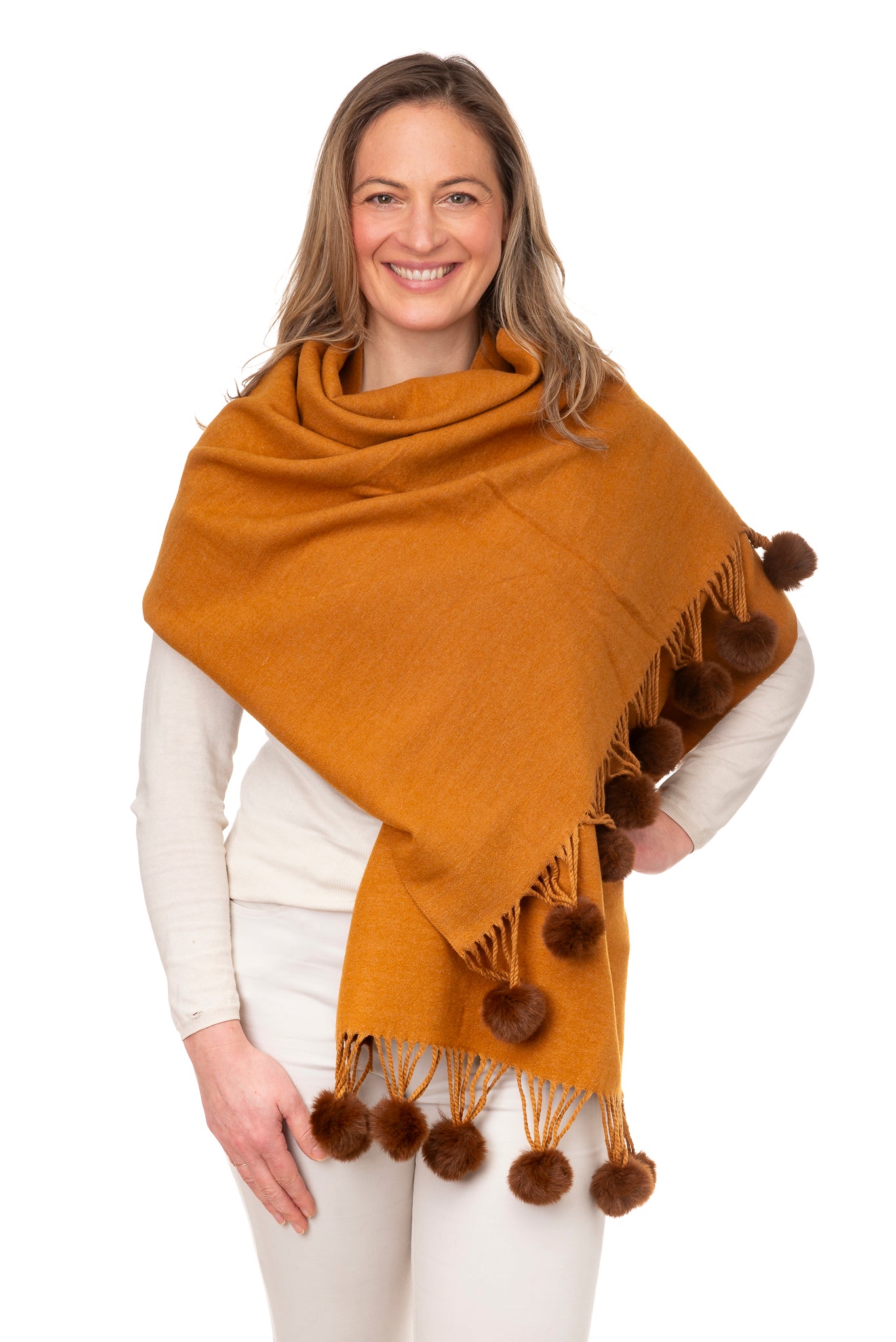 Anna FB95 Two Tone Shawl With Faux Fur Pom Pom Brown/Tan