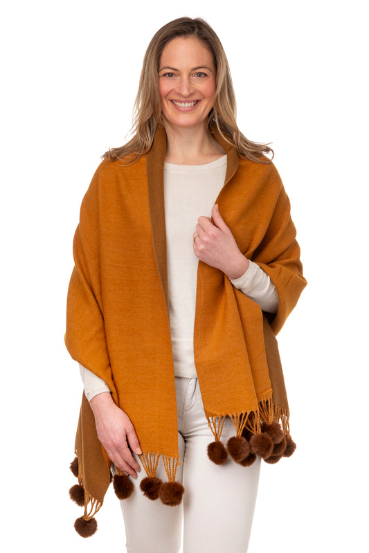 Anna FB95 Two Tone Shawl With Faux Fur Pom Pom Brown/Tan