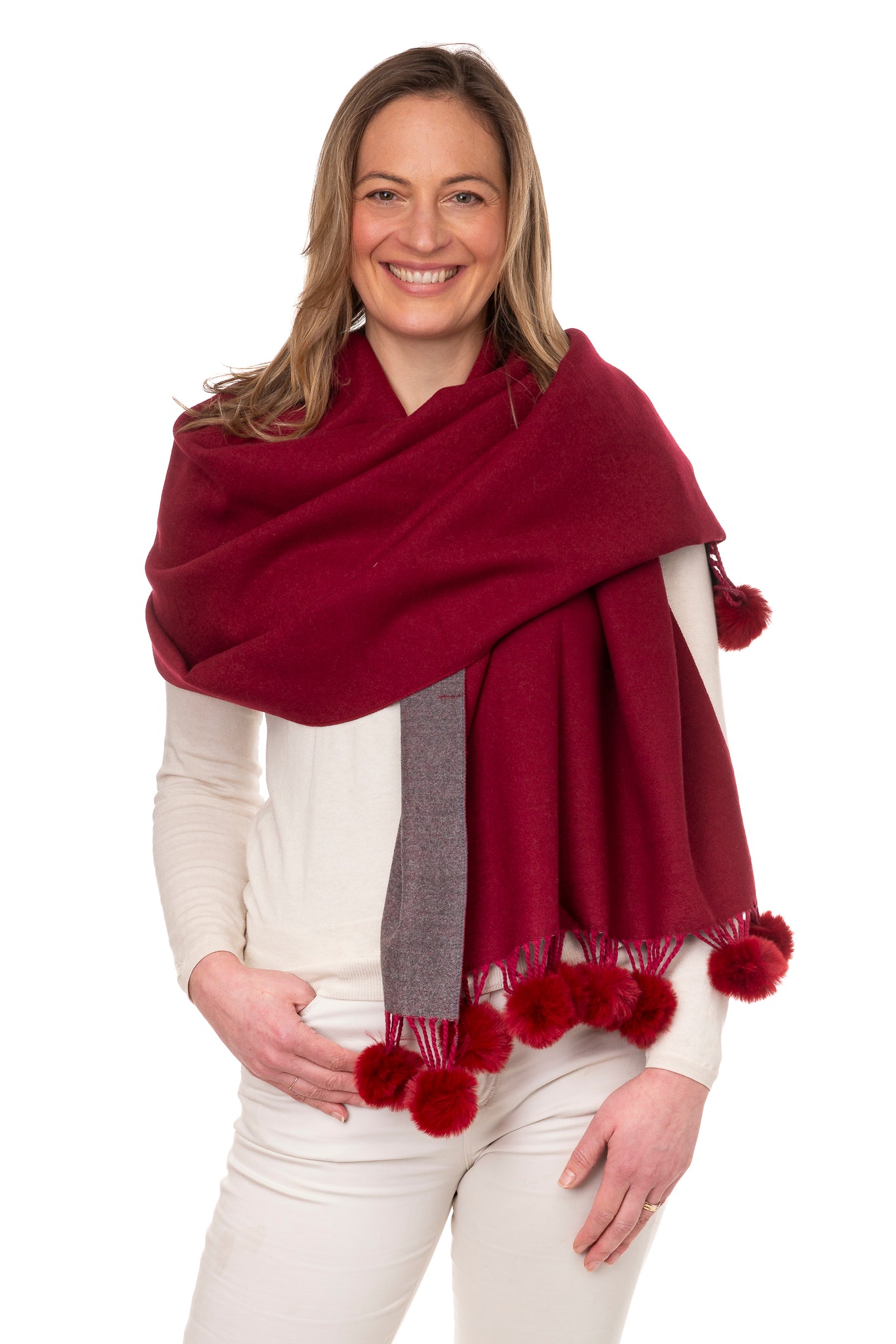 Anna FB95 Two Tone Shawl With Faux Fur Pom Pom Burgundy/Grey